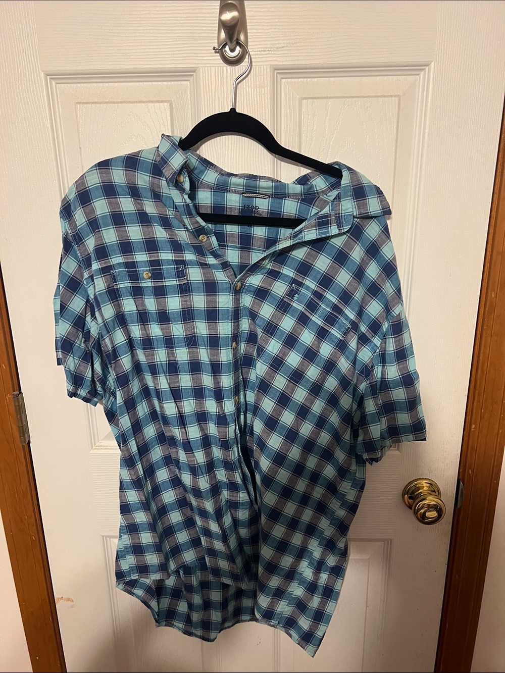 Izod Teal and Navy Plaid Short-Sleeve Button-Down Shirt